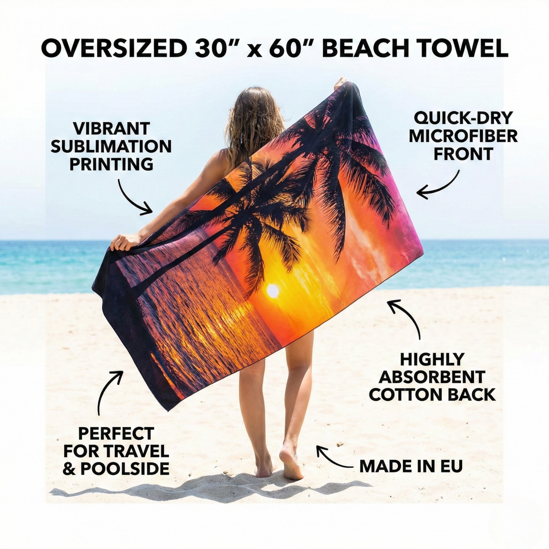 Blank Sublimation Beach Towel 30"×60" | Polyester Front Cotton Back EU-Made Single